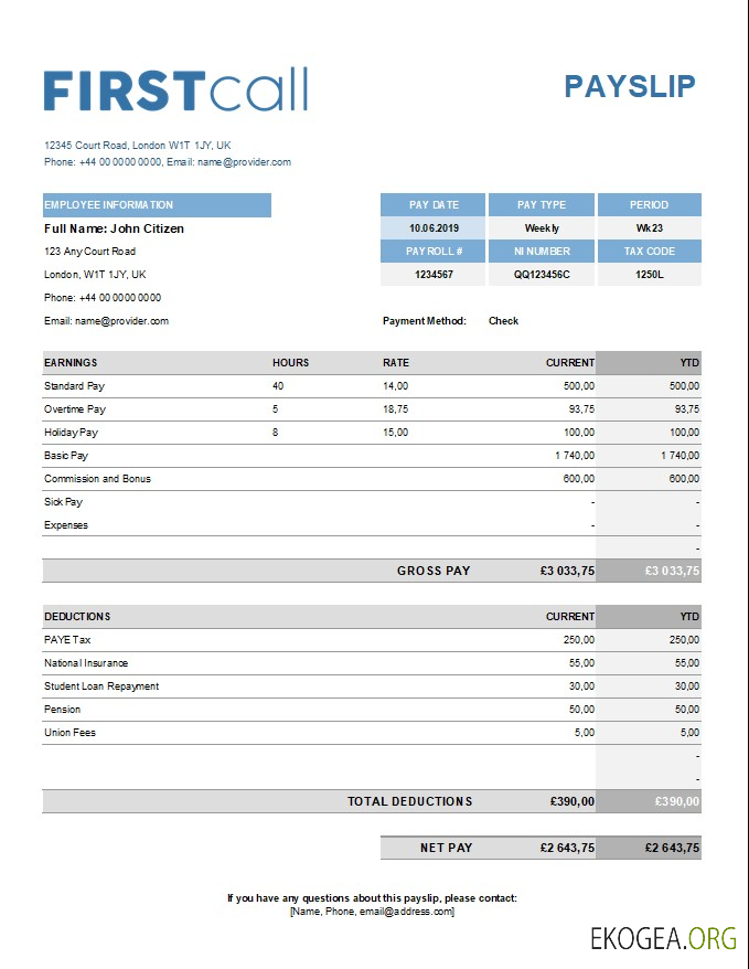 modèle de bulletin de paie d'une entreprise de transfert d'appel aux formats Excel et PDF
